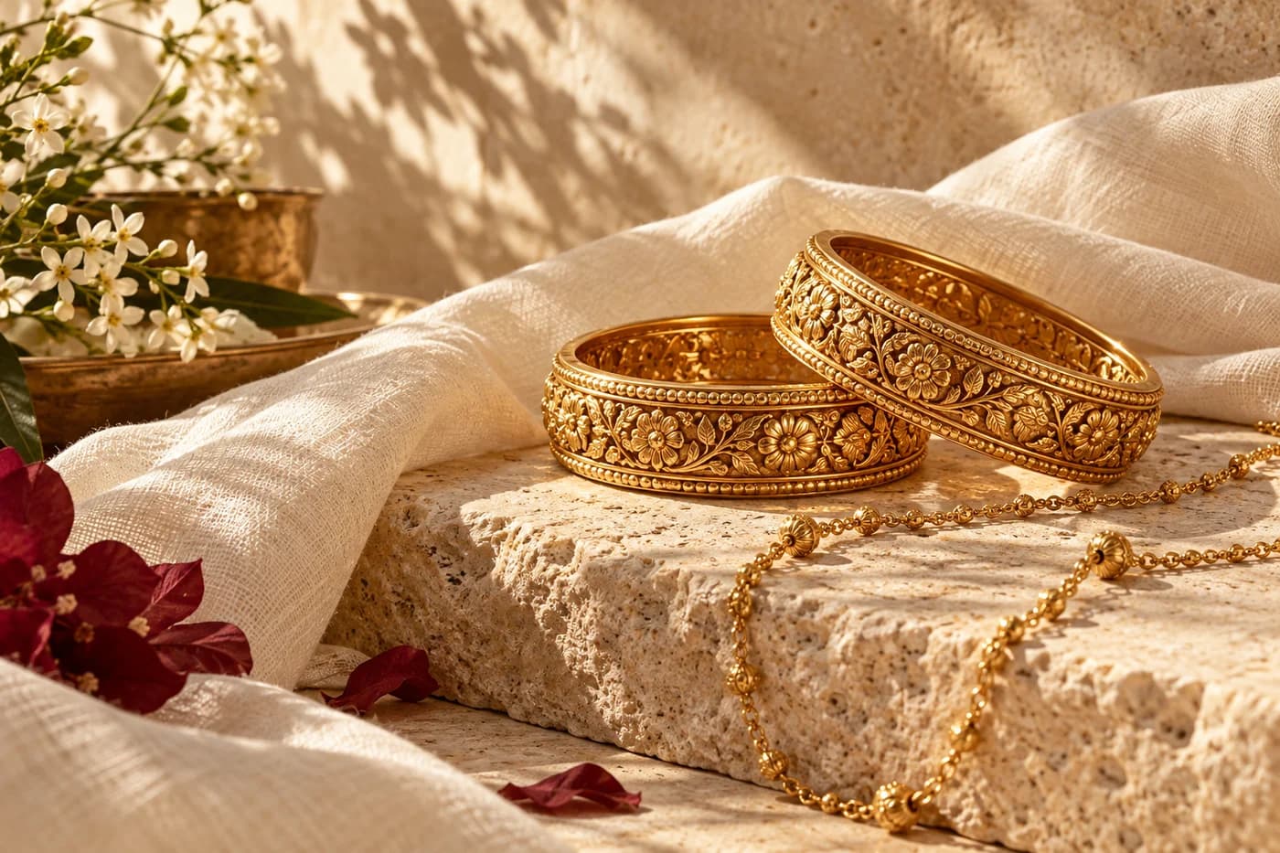 Editorial gold jewelry resting on sunlit linen and stone